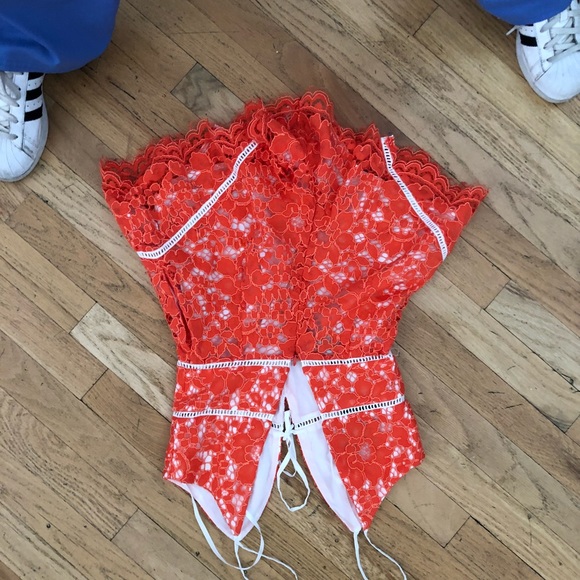 NBD Orange & White Lace V-Neck Romper Size XS - Picture 6 of 7